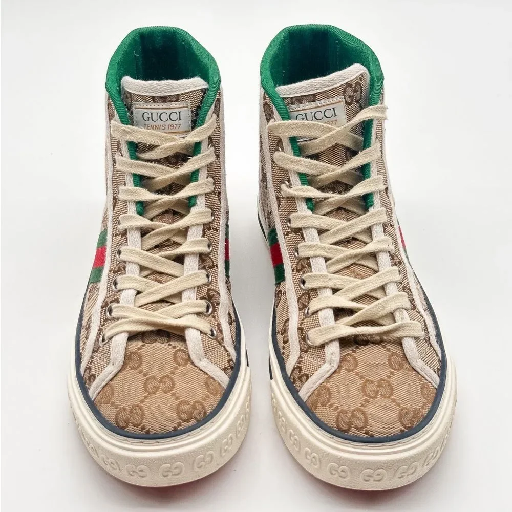 Gucci Tennis 1977 GG Monogram High Top Womens Sneakers Beige Tan EU 37.5 US 7.5